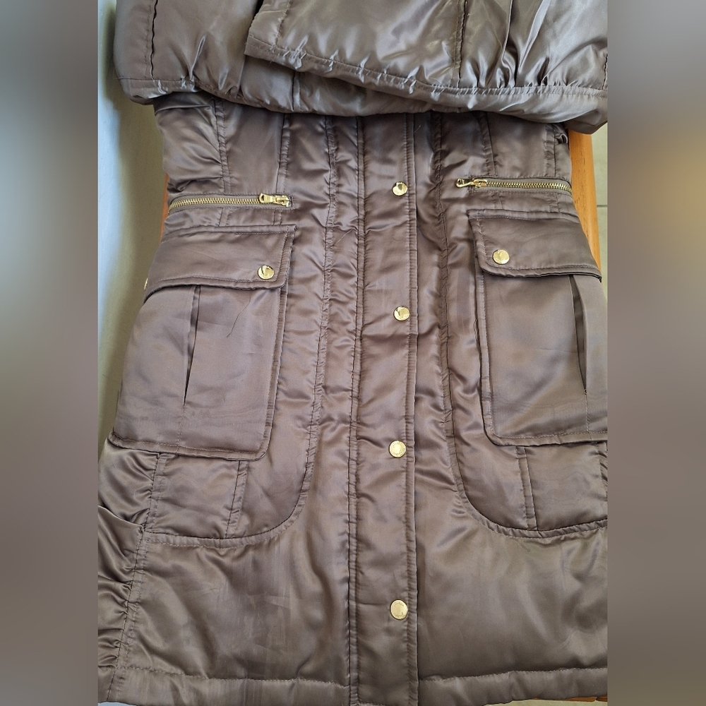 Guess Y2K Fur Hooded Long Jacket Down Puffer Utility Parka Womens XS Bronze - Picture 4 of 16